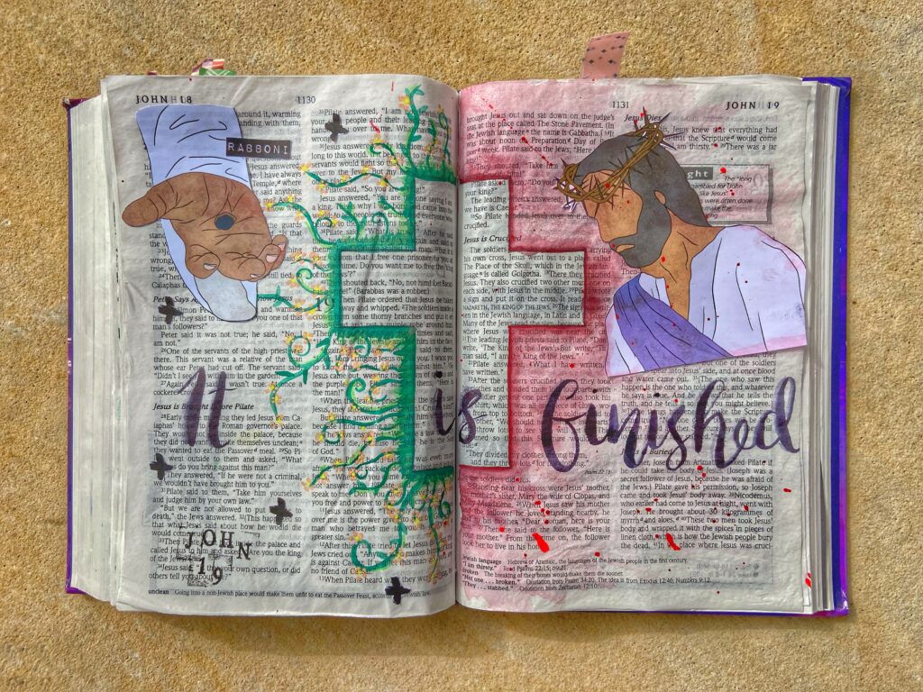 Good Friday Bible Journaling entry showing the cross, Jesus with a crown of thorns and Jesus' hand with the hole in. 