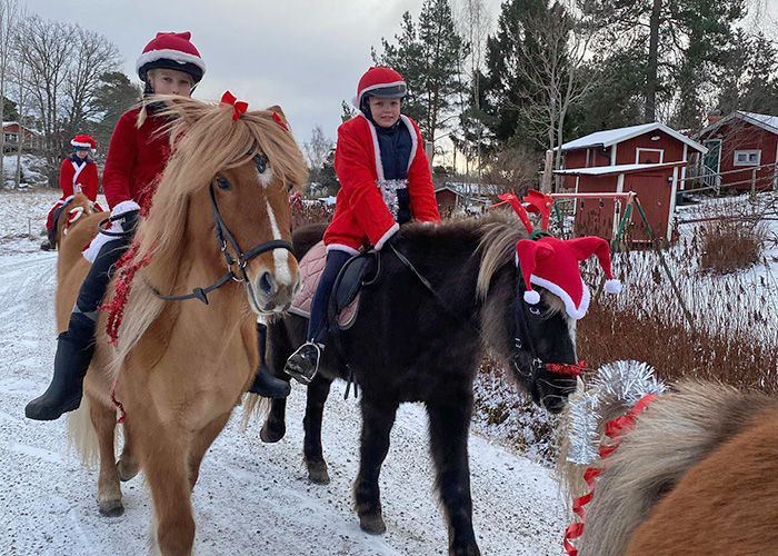 Foto på barn i julparad med islandshästar