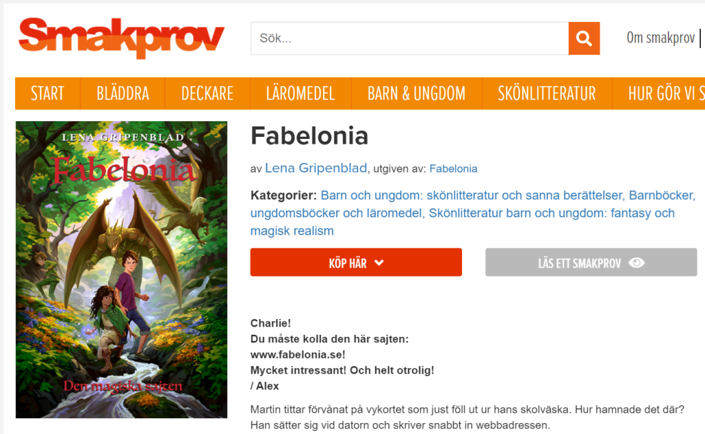 En skärmdump från Smakprovs hemsida som visar boken Fabelonia