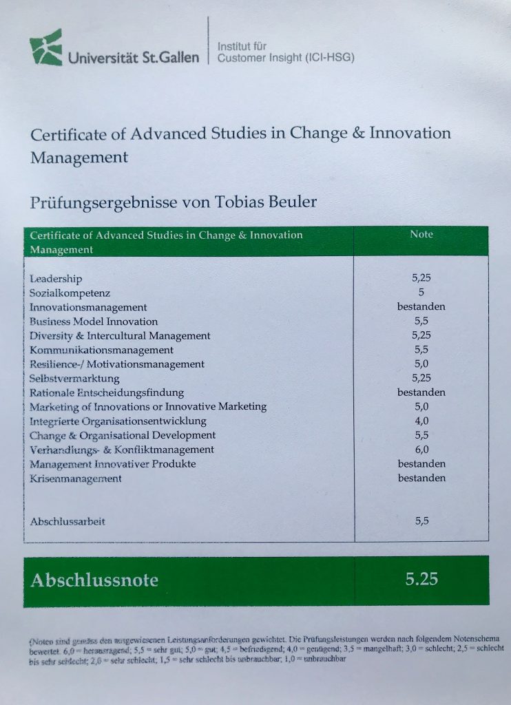 Zeugnis Tobias Beuler / St. Gallen