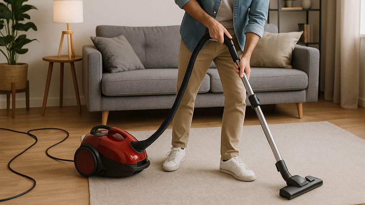 a person vacuuming a carpet - Corded canister vacuum with bag