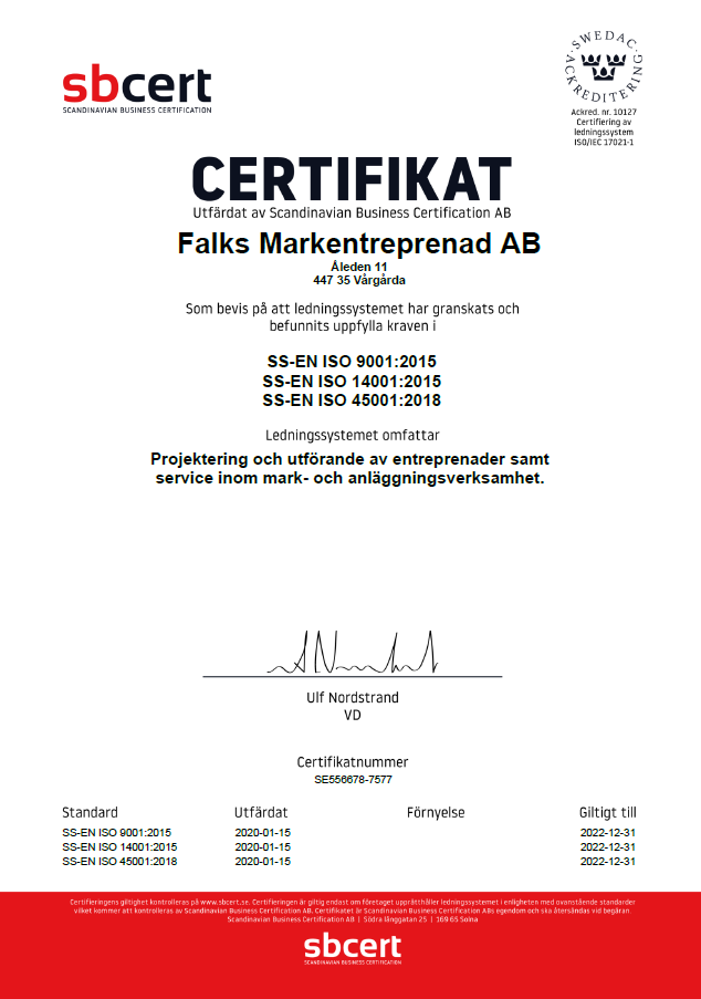 Falks Markentreprenad ISO 9001 14001 45001