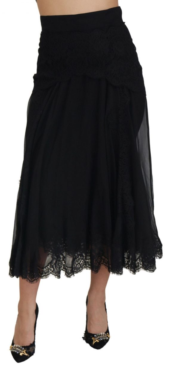 Dolce & Gabbana Sort Silke Lace Trim High Waist Midi Skirt