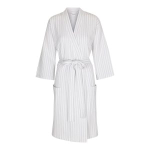 CarebyMe Kimono / badekåbe model Kathrine, 100% økologisk bomuld, lys grå / hvidstribet - large