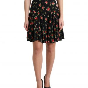 Dolce & Gabbana Black Rose Print High Waist A-line Mini Skirt