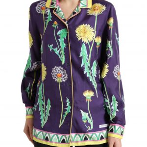 Purple Floral Print Twill Shirt Blouse Top