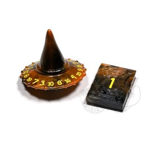 PolyHero Dice - 20 sidet (D20) Terning - Wizard: Hat and d2 Spellbook Smoldering Ember (Orange/Black with Yellow)