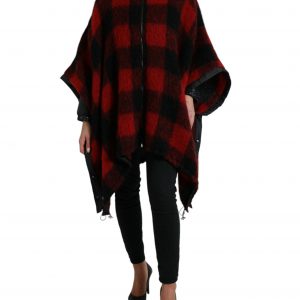 Dolce & Gabbana Sort Rød Buffalo Check Hooded Poncho Jakke & Frakke