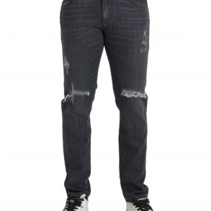 Gray Slim Fit Logo Plaque Cotton Denim Jeans