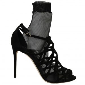 Dolce & Gabbana Black Suede Tulle Ankle Boot Sandalers