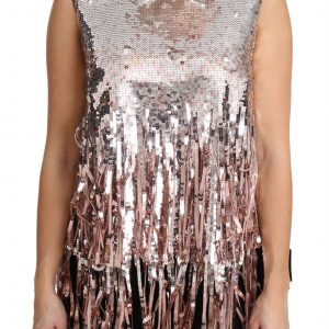 Dolce & Gabbana Golden Pink Sequined Fringe Elegance Top