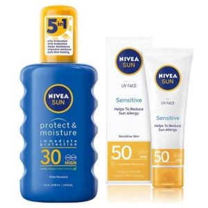 Nivea Sun UV Face Soothing Sensitive Cream SPF50 + Sun Protect & Moisture Sun Spray SPF30 50 ml + 200 ml