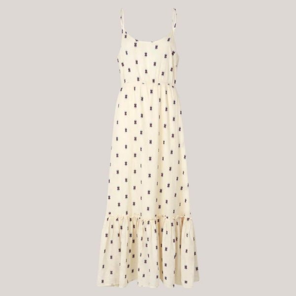 UnoLL Maxi Dress SL, lang stropkjole i creme med print