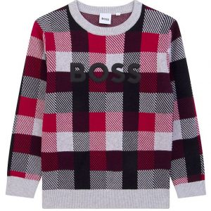 BOSS Bluse - Strik - Casual - Gråmeleret/Rødternet