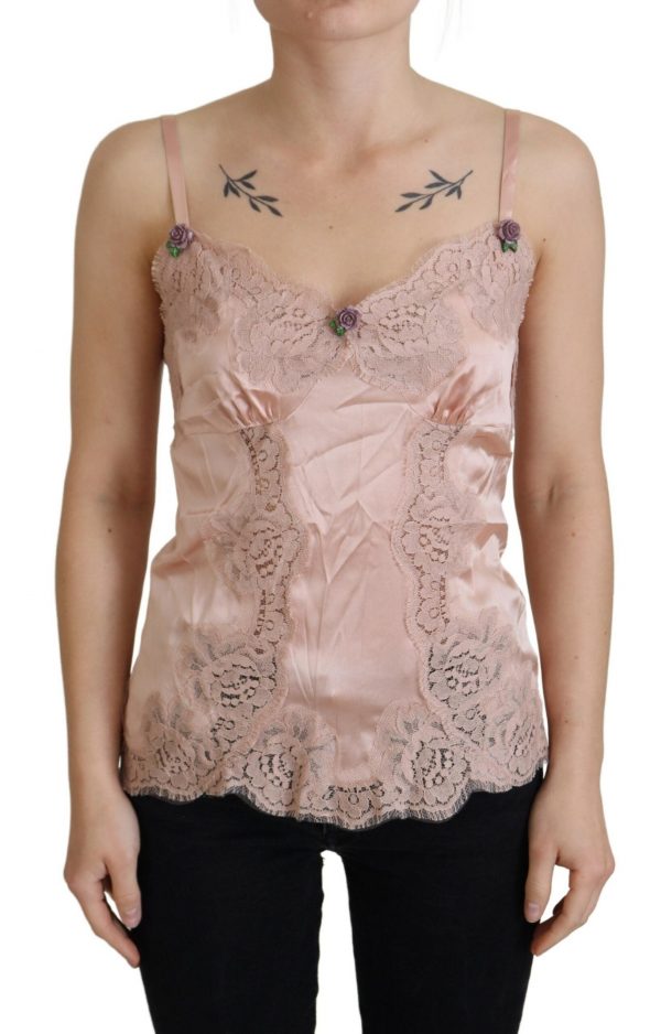 Dolce & Gabbana Pink Satin Lace Roses Tank Top Lingerie