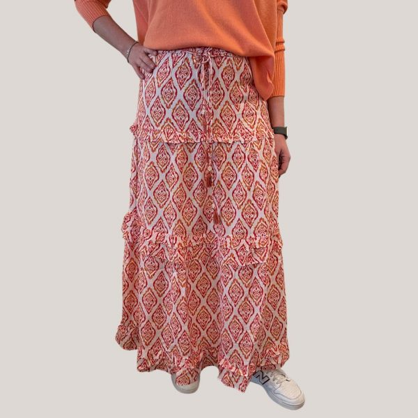 Jacky skirt, lang nederdel med rødt og orange print