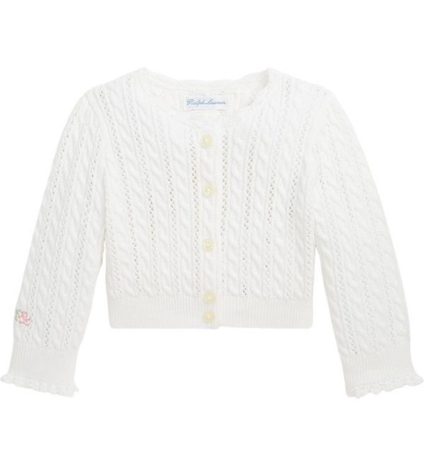 Polo Ralph Lauren Cardigan - Cropped - Strik - Hvid m. Hulmønste