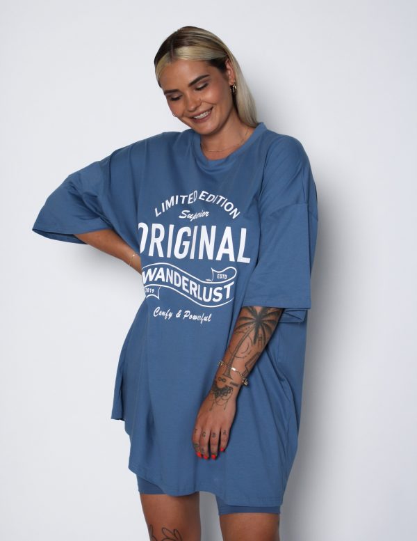 To Be Wanderlust T-shirt kjole Oversize, Claire, Dusty blue - 164 - XS+ - XS-S