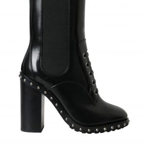 Dolce & Gabbana Black Leather Studded Lace Up Boots Sko