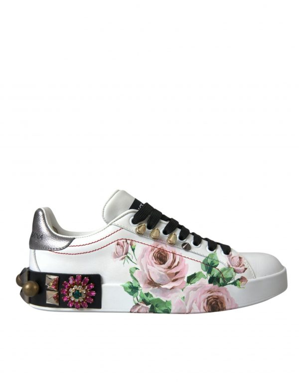 Dolce & Gabbana White Leather Crystal Roses Floral Sneakers Sko