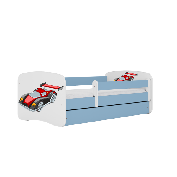 Babydreams juniorseng med racerbil, m. madras, sengehest, skuffe - hvid og blå laminat (140x70)