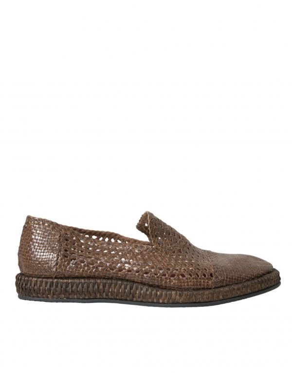 Dolce & Gabbana Brown Woven Leather Loafers Casual Sko