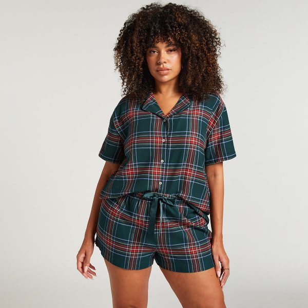 Hunkemöller Short Flannel Twill pyjamas, grøn, Størrelse: M, Dame