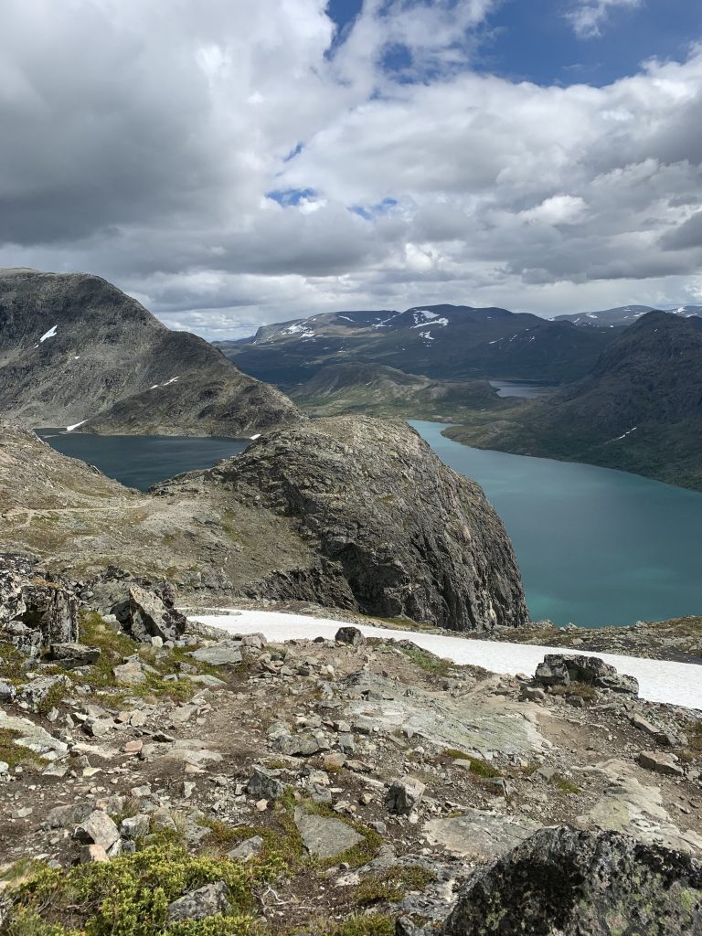 Besseggen med hund opp mot Veslefjell og Gjende