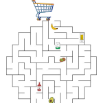 Et eksempel på en labyrint til børn i niveau 3. Her skal barnet samle varer i indkøbsvognen på vej gennem labyrinten.