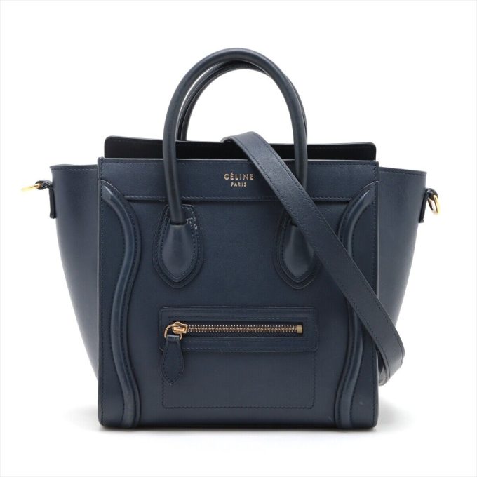 CELINE NAVY BLUE LEATHER LUGGAGE NANO SHOPPER 2WAY HANDBAG