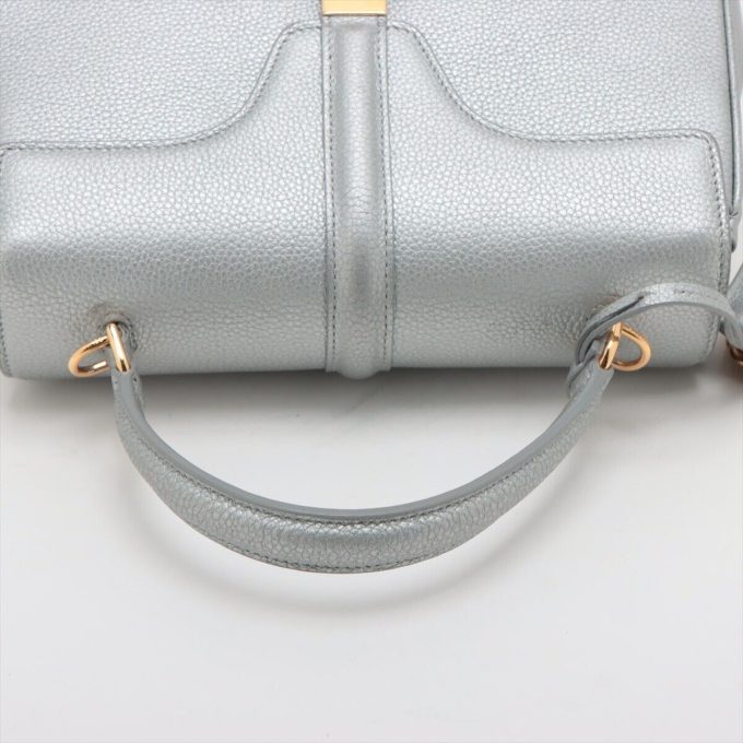 CELINE: Small Leather 2 Way Handbag in Silver, Size 16 - Image 5