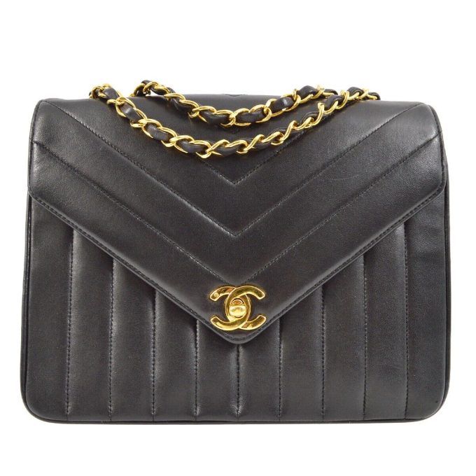 CHANEL Black Lambskin Chevron Mademoiselle Double Chain Shoulder Bag