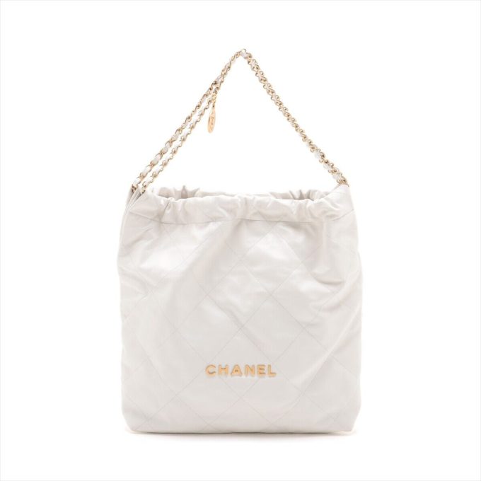 CHANEL Chanel 22 White Leather Chain Shoulder Bag Gold AS32