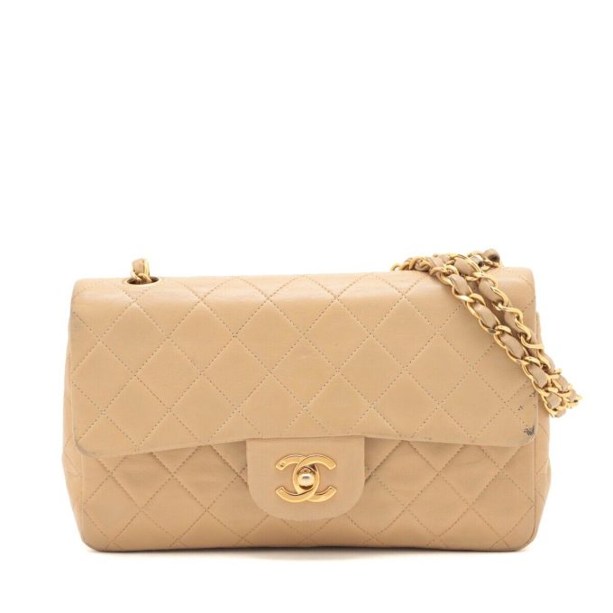 CHANEL Matelasse Small Lambskin Flap Double Chain Bag Beige Gold Metal