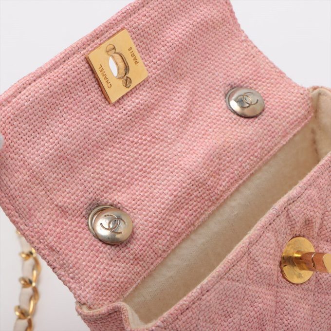 CHANEL Mini Matelasse Straw & Leather Chain Shoulder Bag Pink Gold Metal Fitting - Image 8