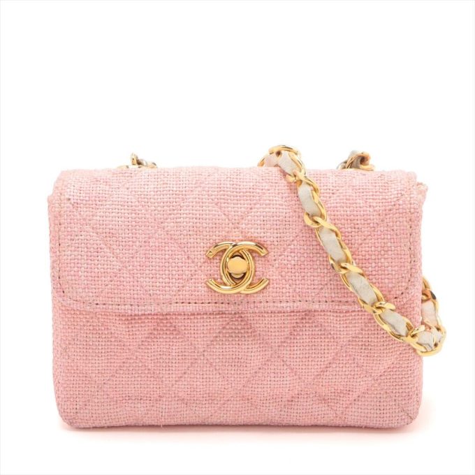 CHANEL Mini Matelasse Straw & Leather Chain Shoulder Bag Pink Gold Metal Fitting