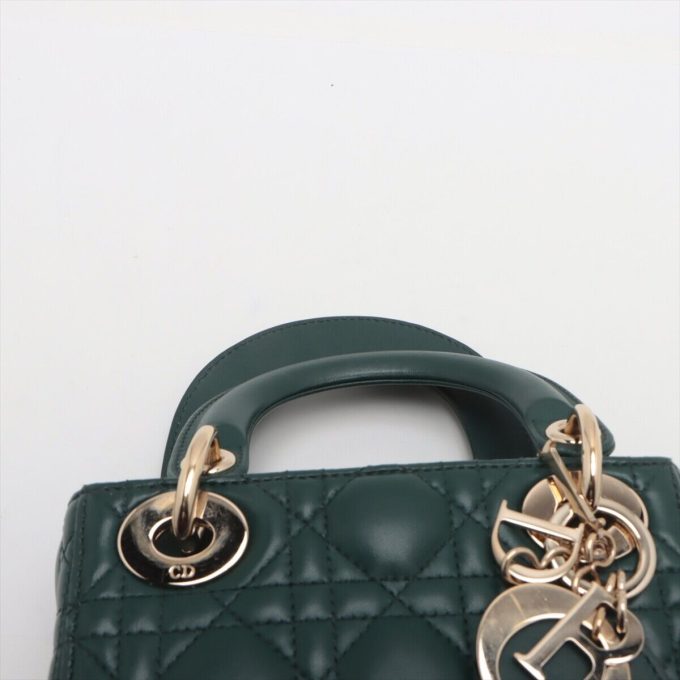 CHRISTIAN DIOR Cannage Leather 2 Way Handbag Dark green - Image 6