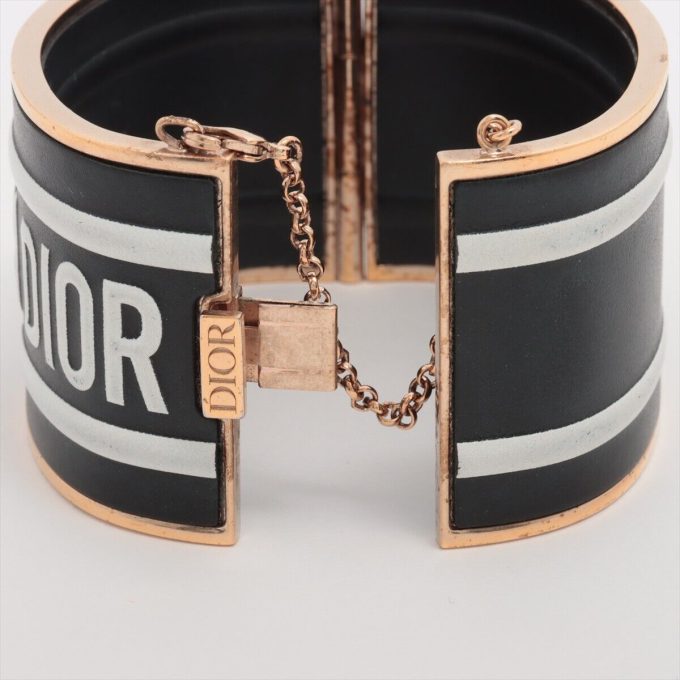 DIOR Logo Bangle Black x Gold Metal Leather Bracelet - Image 5