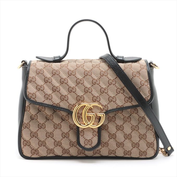 GUCCI GG Marmont Canvas & Leather 2 Way Handbag Black x Beige