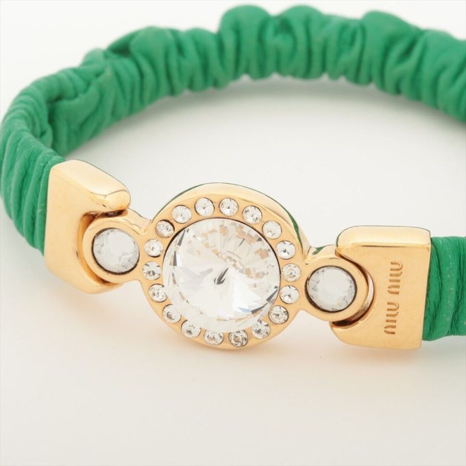 MIU MIU Green Leather Rhinestone Gold Bracelet - Image 3