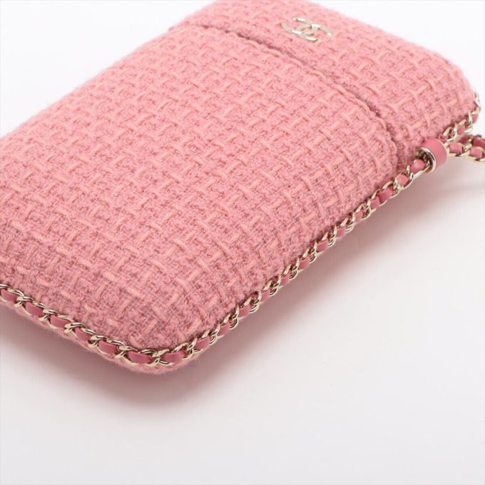 CHANEL Coco Mark Tweed Chain Shoulder Bag Phone Case Pink Gold Metal Fittings 30 - Image 3