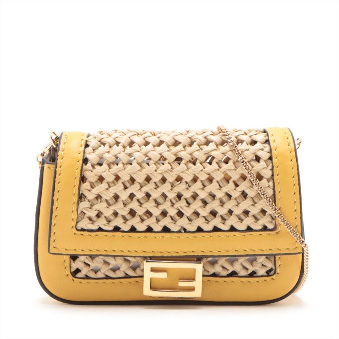 FENDI Straw & Leather Chain Bucket Bag Yellow 7AR844