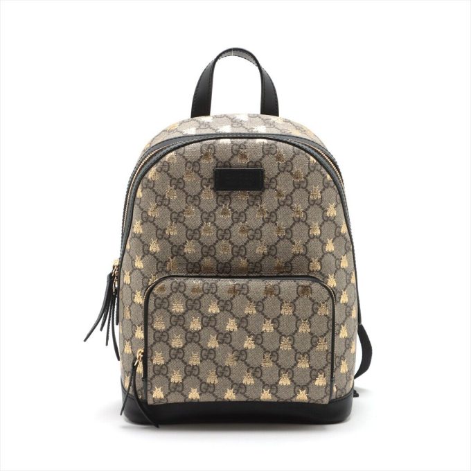 GUCCI GG SUPREME BEE PVC & Leather Backpack Black x Beige 427042