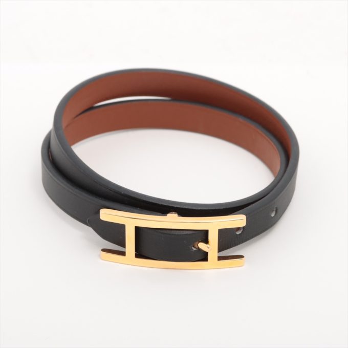 HERMÈS Behapi Double Tours Bracelet T3 GP & Leather Black×Gold