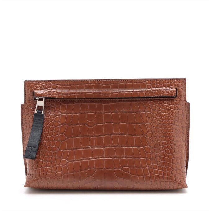 LOEWE Brown Mock Croc Second Bag with Kobahi Zipper Pull