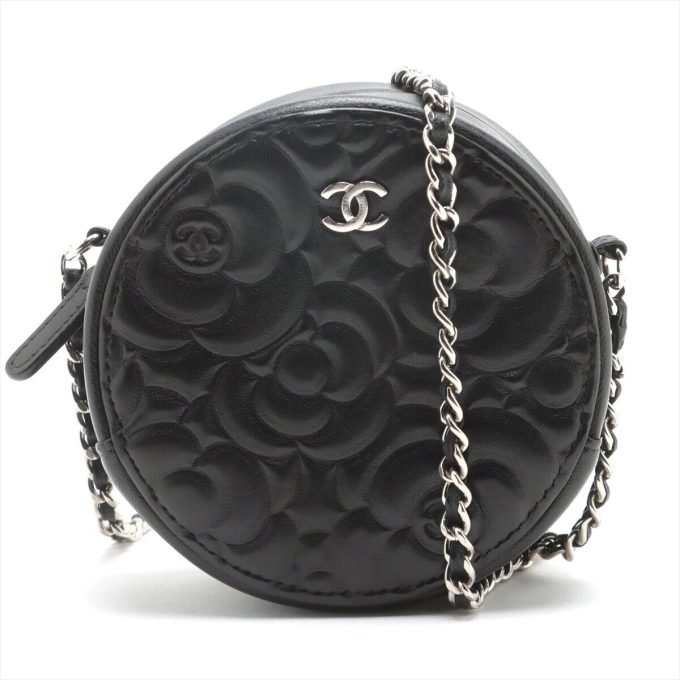 CHANEL Camelia Black Lambskin Chain Bag Silver 27T