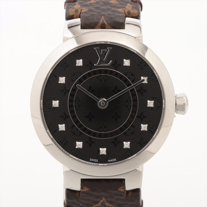 Louis Vuitton Tambour QA143 SS & Leather QZ Black Dial