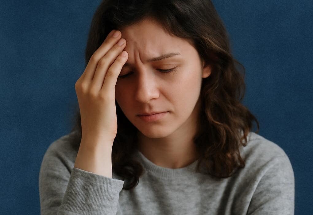Intrusive Memories: 8 Helpful Responses to Distress. A woman with her hand on her forehead