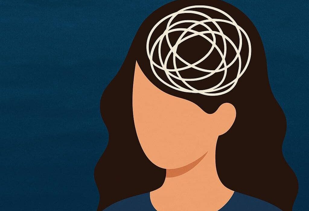 A digital illustration symbolising the complexity of diagnosing OCD, showing overlapping icons for mental health conditions like anxiety, depression, ADHD, and psychosis. A spotlight highlights the word “OCD” to represent accurate diagnosis amidst confusion.