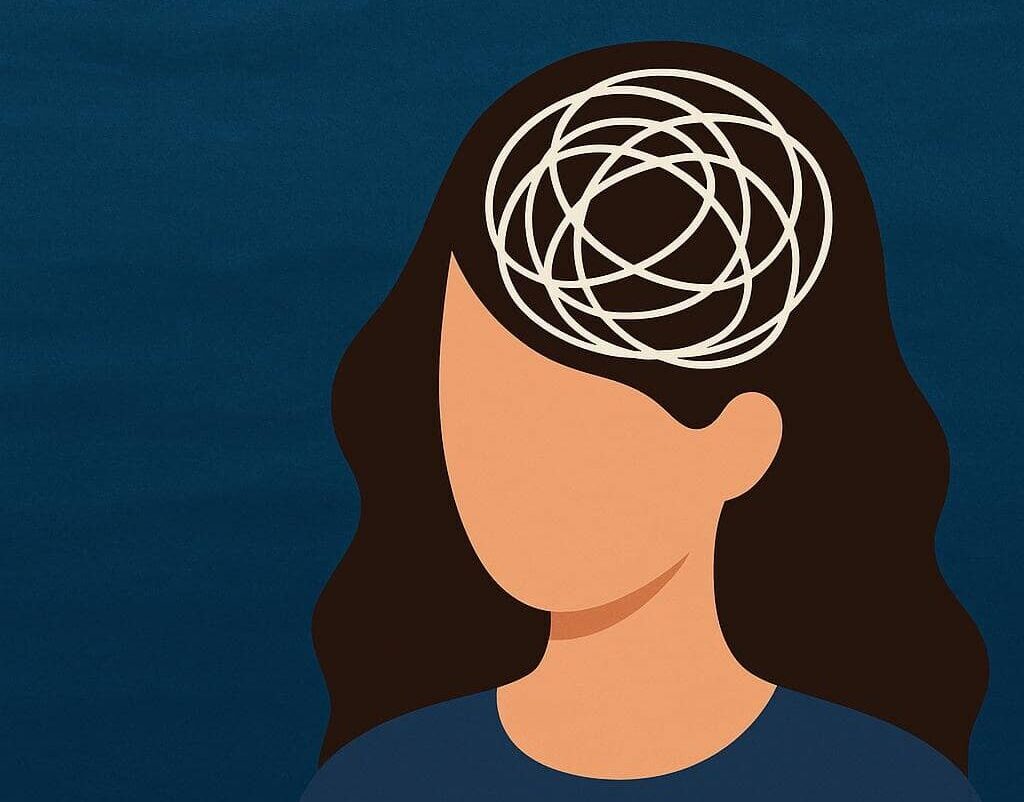 A digital illustration symbolising the complexity of diagnosing OCD, showing overlapping icons for mental health conditions like anxiety, depression, ADHD, and psychosis. A spotlight highlights the word “OCD” to represent accurate diagnosis amidst confusion.